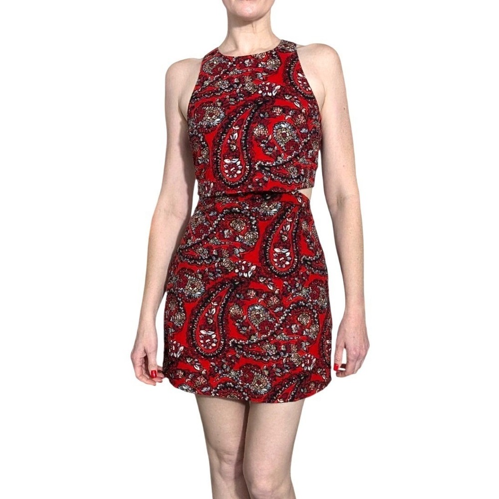 Hollister Paisley Mini Dress Cotton Blend Side Cut-Out Red Floral Bandana Size S